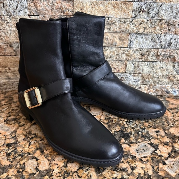 NWOB | Stuart Weitzman Black Leather Ryder Lift Gold Buckle Bootie - Picture 2 of 9
